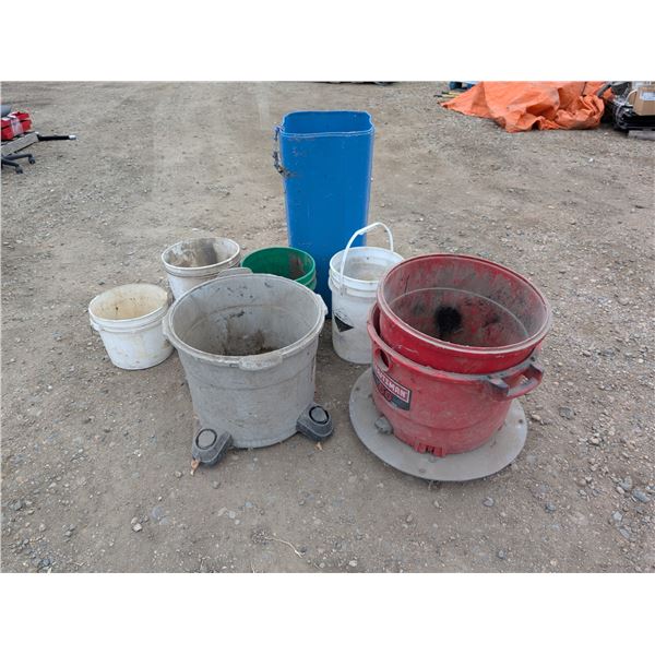 Lot of Empty Buckets, Empty Shop Vacs, and etc.