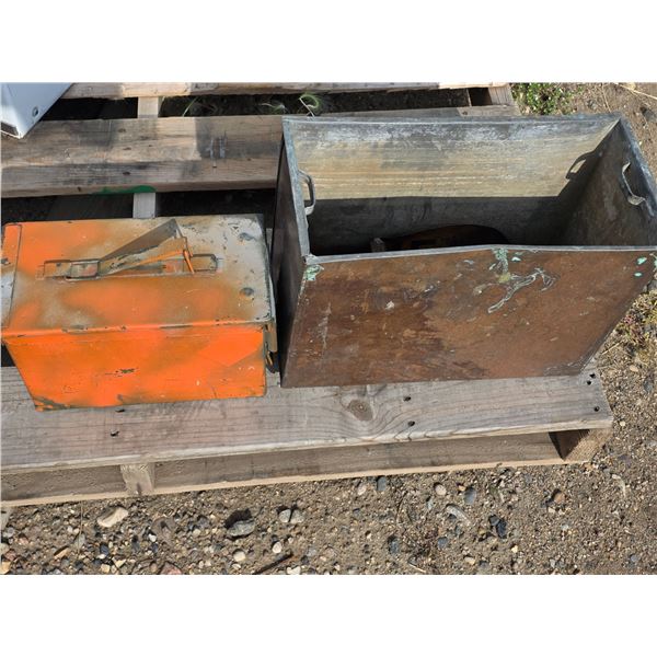 Military ammo box and antique copper stove reservoir
