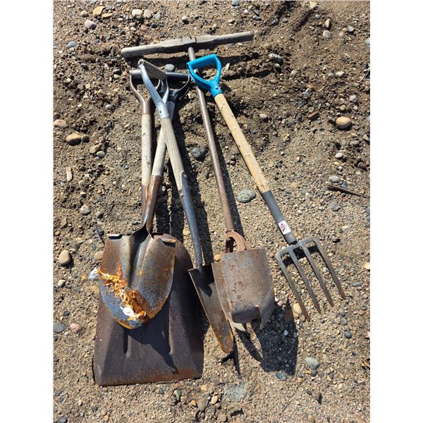 Shovels, post hole auger, pitch fork