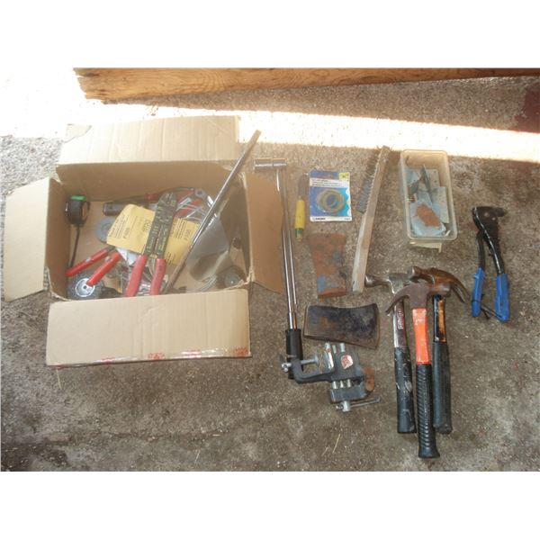 Box Of Tools  Hammers  Axe Head Wire Brush Etc