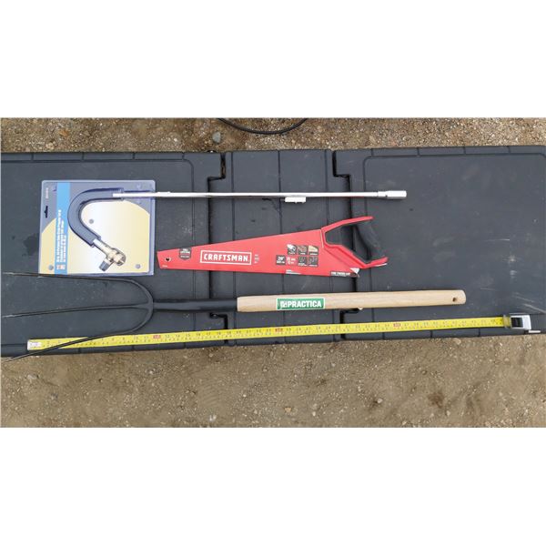 Lot of hand tools (Pitchfork, hand saw, propane torch)