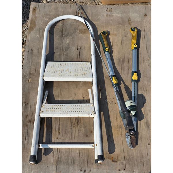 Step ladder, fishing rod and garden shears