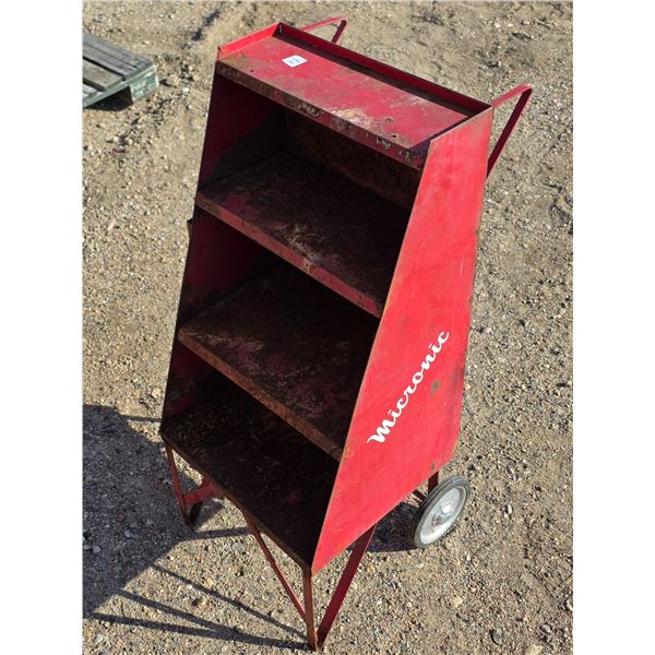 Antique oil can stand on wheels- 18" by 16" by 33"H