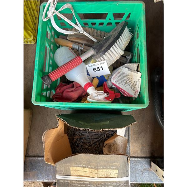 Crate of assorted hardware and partial box of 3 1/2” nails