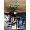 Box of clamps, stool and small wood plane