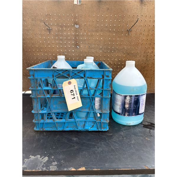 Crate of hand sanitizer and dishwasher detergent