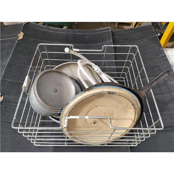 Lot of Hardware (Iron skillet, metal pot lids, hose)