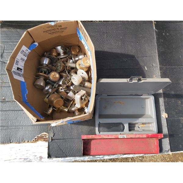 Lot of Hardware (Doorknobs and locksets, plastic tool case)