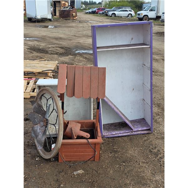 2 shelving units, well- damaged needs work- and garden hanging decor