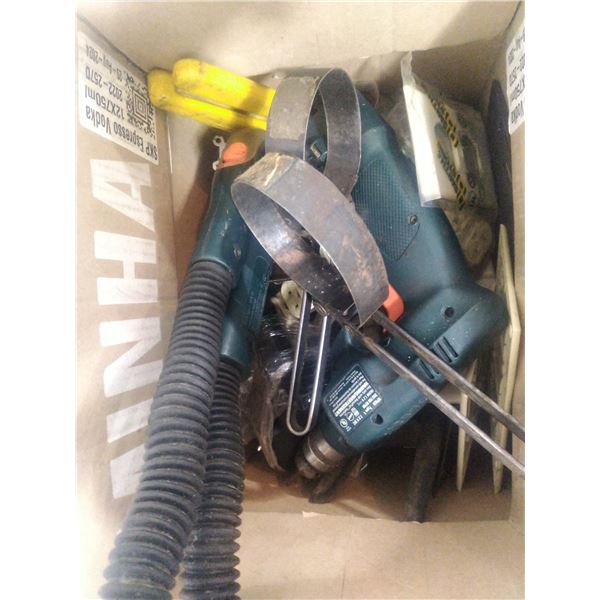 box of assorted tools and electrical items