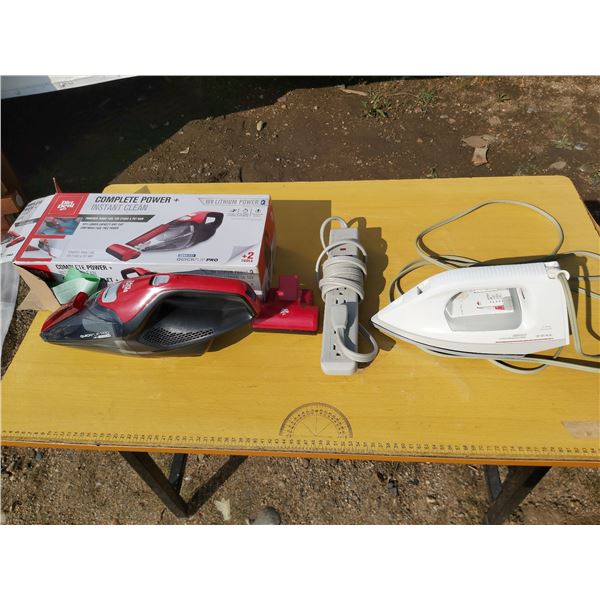 Dirt Devil handheld vacuum, T-fal iron, power strip