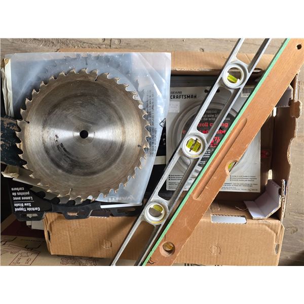 Lot of tools and hardware- saw blades, levels