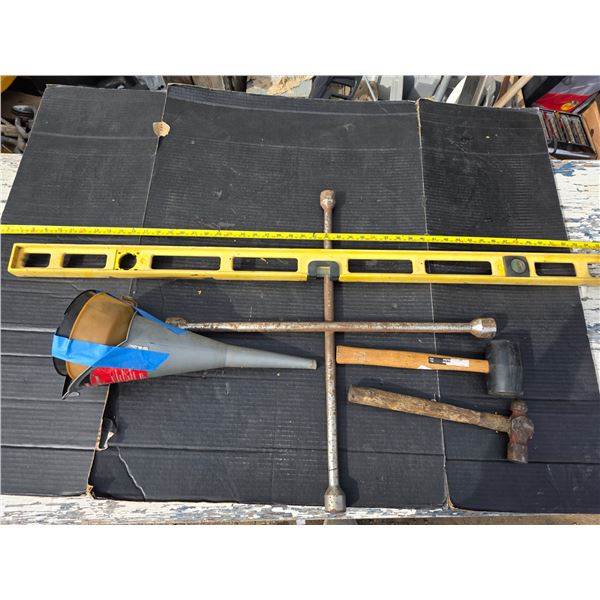 Hammers, tire iron, level and funnels