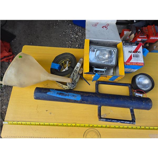 Lot of straps, car lamps and fence post driver