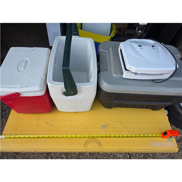 2 coolers and action packer tote