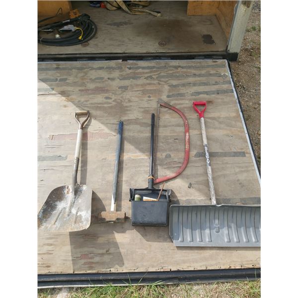Lot of misc. hand tools (Shovel, Sledgehammer, Bow saw)