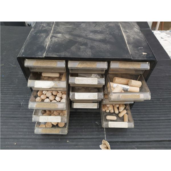 Parts organizer with wooden joinery pieces