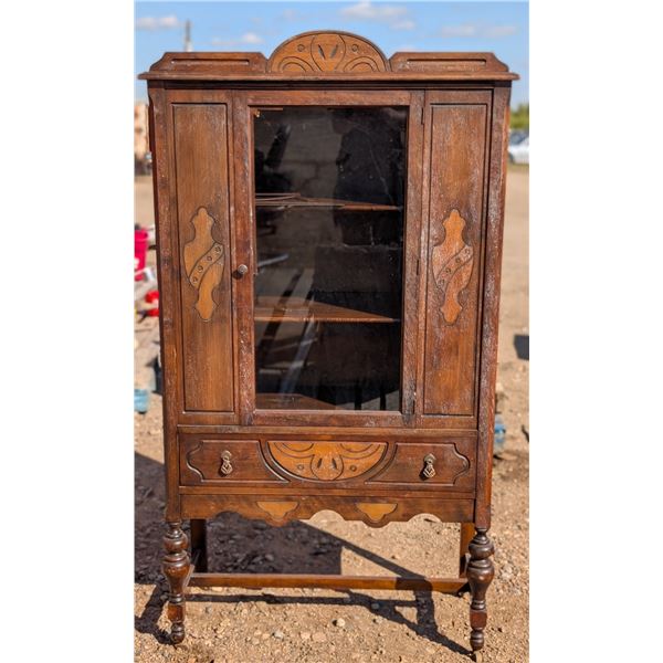 Wooden Rolling Glass Door Display Cabinet (Good Condition, 64.5"x15"x36")