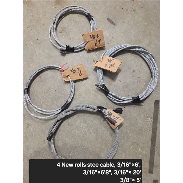 4 New Rolls Steel Cables (3/16"x6) (3/16"x6' 8") (3/16"x20') (3/8"x5')