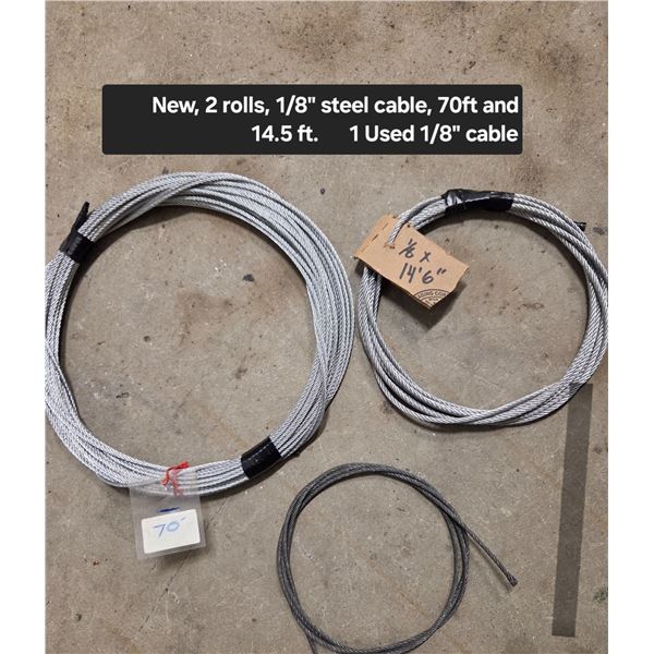 New 2 Rolls 1/8" Steel Cable 70ft and 14.5ft 1 Used 1/8" Cable