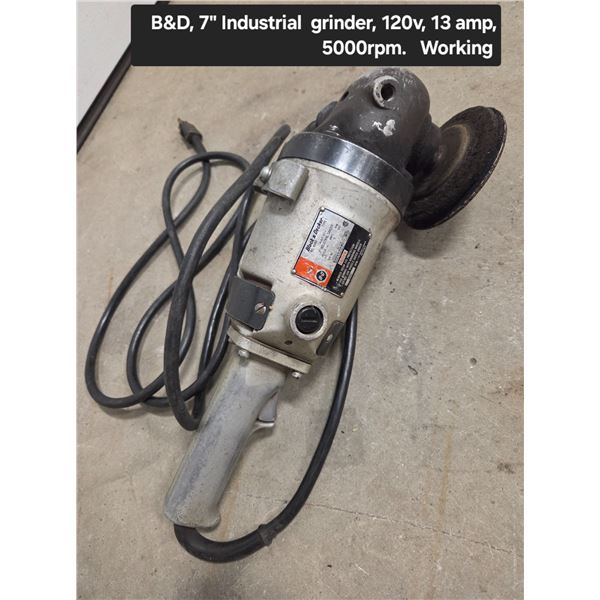 B&D 7" Industrial Grinder 120v, 13Amp 5000RPM (Working)