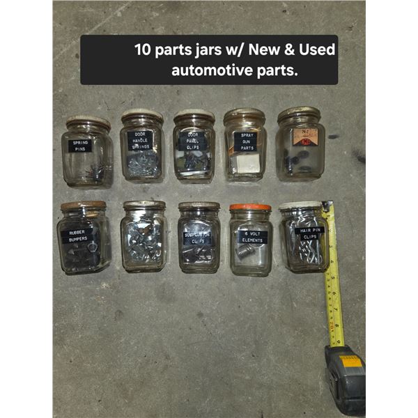 10 Parts Jars w/ New and Used Automotive Parts
