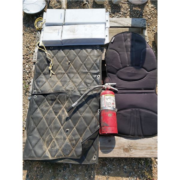 Lot of misc. (Covers, quilted mat, seat cushion, fire extinguisher)