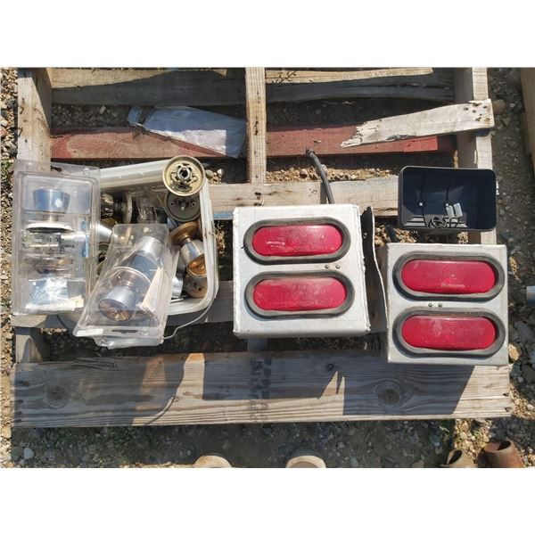 Lot of Hardware (Metal housing with dual red lights, door knobs)