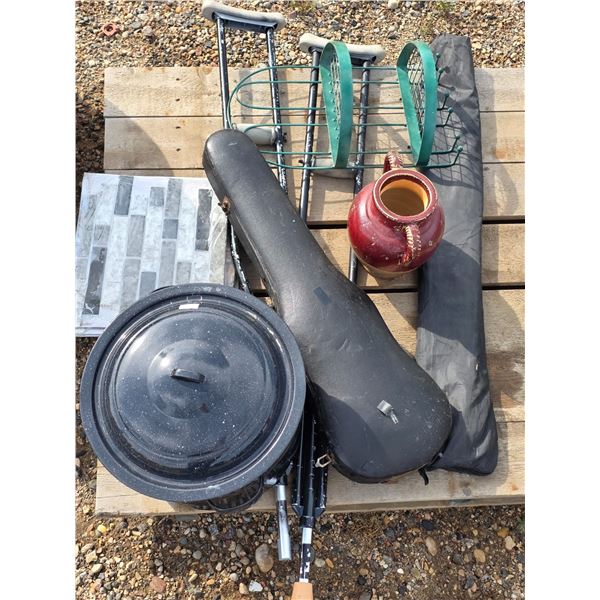 Pallet of misc items- pottery, violin no strings, crutches