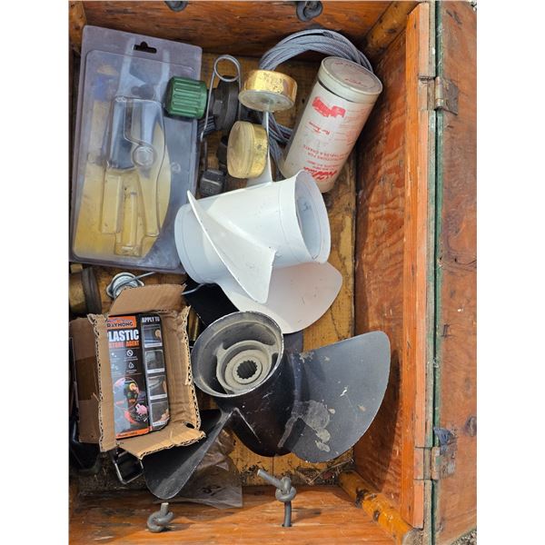 Green crate with misc tools and hardware- boat props, sealant