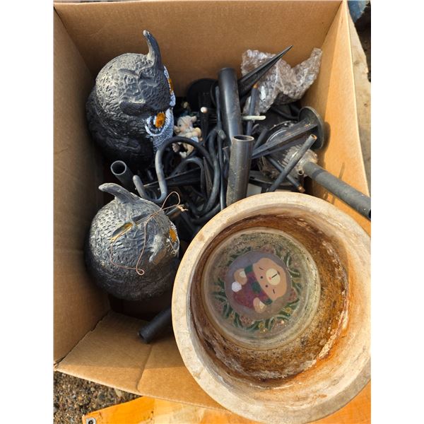 Lot of garden decore items- statues, lights planter