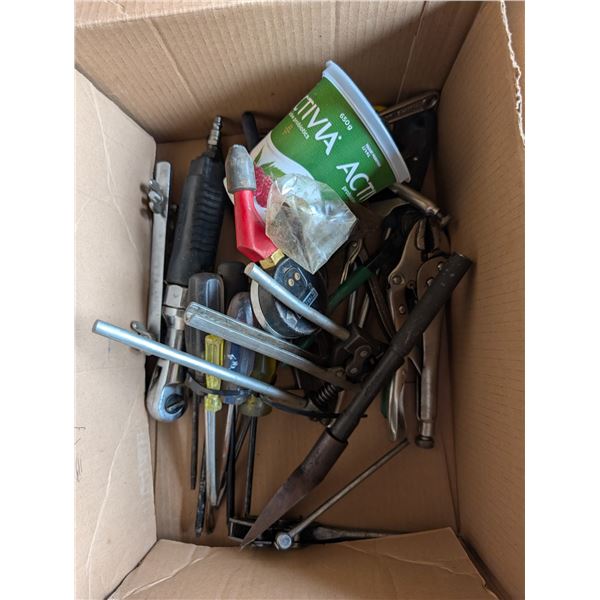 Box full of Misc. Tools (Screwdrivers, Squares, Pliers, and etc.)