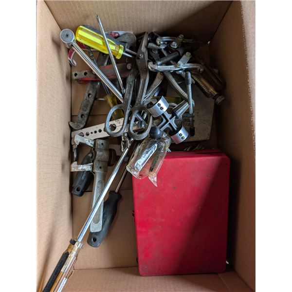 Box full of Misc. Tools (Screwdrivers, Squares, Pliers, and etc.)