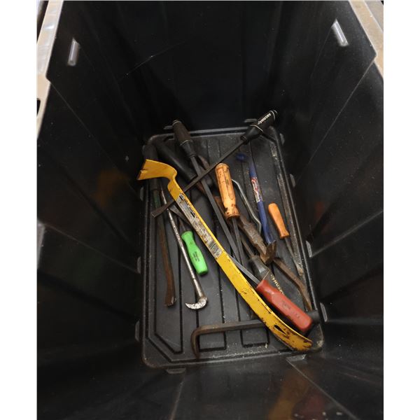 Multiple Hand Tools: DeWalt Pry Bar, Husky Drivers, etc in Bin