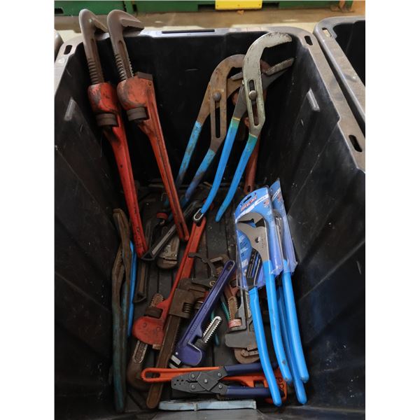 Multiple Hand Tools: Pipe Wrenches, Channel Lock Wrenches, Wire Cutter, etc in Bin