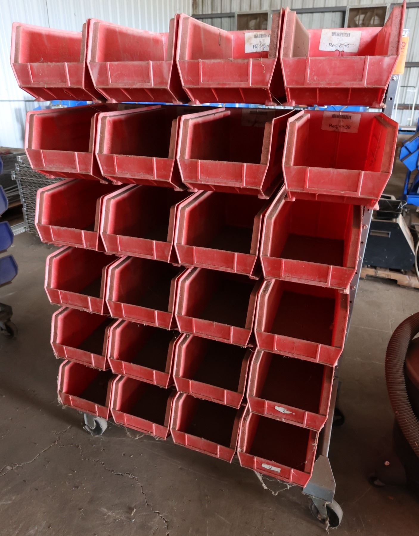 Rolling Storage Bin Rail Floor Rack w/ Red Bins