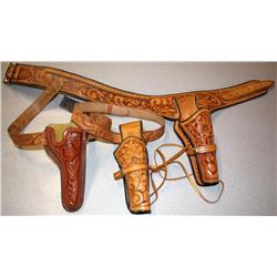 3 Hand Tooled Leather Holsters and Belts