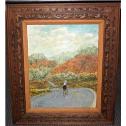 Framed Oil on Canvas of Riding a Bike