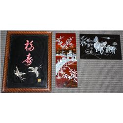 3 Asian Art Pictures w/ Mother of Pearl Designs