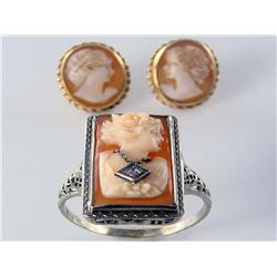 14kt Gold Antique 1920s Cameo Ring & Earrings