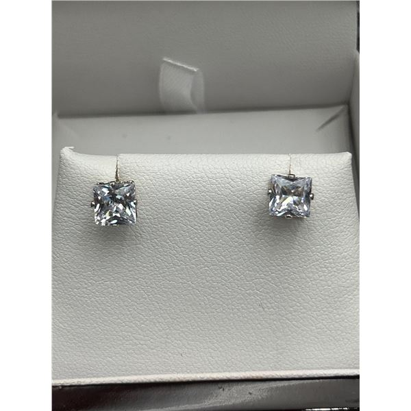 Silver Tone Stud Earrings with Square Clear Stones