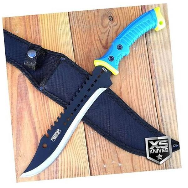 16″ Defender Xtreme Full Tang Hunting Knife with Blue/Neon Green Rubber Handle