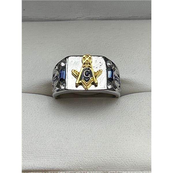 Men’s Masonic Ring with Gold-Toned Compass and Square Symbol