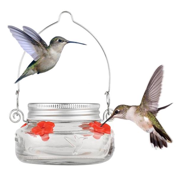 Lot of 9 Hummingbird Feeders with Metal Handles and Glass Jars