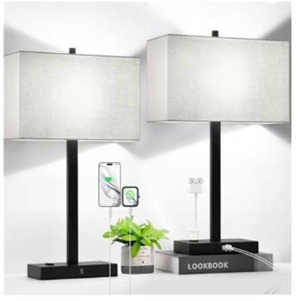 21″ Set of 2 Touch Control Table Lamps with 2 USB & AC Outlets, 3-Way Dimmable Modern Night