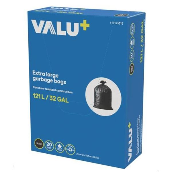 ValuPlus Extra Large Garbage Bags, 121L, Lot of 3