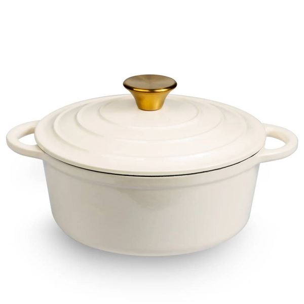 White Cast Iron Dutch Ovens with Brass Knobs, Set of Two