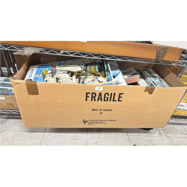 BOX OF ASSORTED MODEL KITS INCLUDING; AIRFIX H.M.S. BELFAST 1/600, REVEL CF-18A HORNET 1/48, AIRFIX