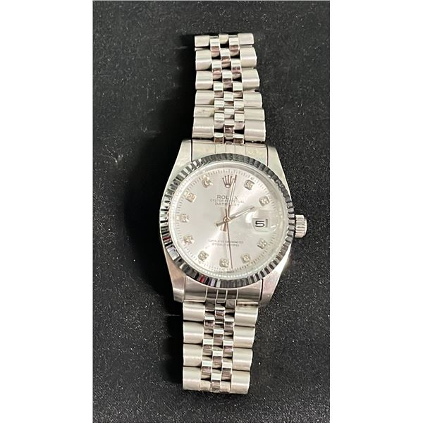 SILVER ONE-TONE ROLEX OYSTER PERPETUAL DATEJUST WATCH W/ DIAMOND MARKERS - *REPLICA*