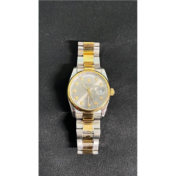 SILVER & GOLD 2-TONE ROLEX OYSTER PERPETUAL DATE-DATE WATCH W/ DIAMOND MARKERS - *REPLICA*